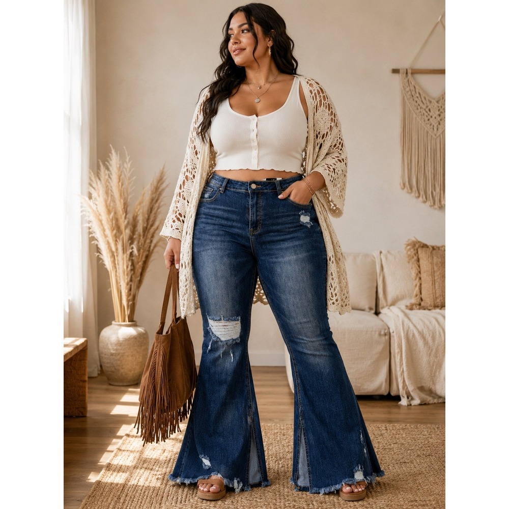 Risen Jeans High Rise Distressed Flare Leg Side Slit Denim Dark Wash 1XL